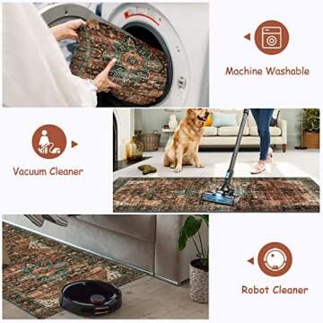 Moynesa Ultra-Thin Washable Vintage Area Rug - 5x7 Large Boho Non-Slip Rug for Bedroom Living Room Oriental Medallion Non-Shedding Print Floor Carpet for Dining Room Home, Brick Red/Dull Teal