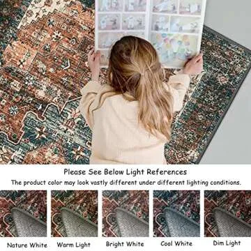 Moynesa Ultra-Thin Washable Vintage Area Rug - 5x7 Large Boho Non-Slip Rug for Bedroom Living Room Oriental Medallion Non-Shedding Print Floor Carpet for Dining Room Home, Brick Red/Dull Teal