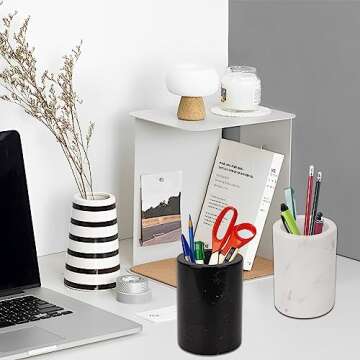 WORHE Natural Marble Pen Holder for Desk, Handcrafted Volakas Sturdy Desk Organizer for Office Suppl...