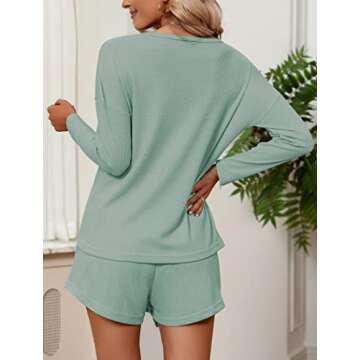 Ekouaer Womens Waffle Knit Pajama Sets Long Sleeve Top and Shorts Matching Lounge Set Sleepwear Loun...
