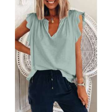 Dokotoo Summer Women's Casual V Neck Ruffle Sleeves Tank Tops Loose Fit