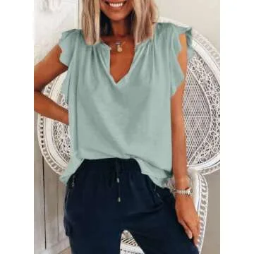 Dokotoo Summer Women's Casual V Neck Ruffle Sleeves Tank Tops Loose Fit