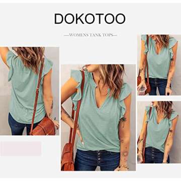 Dokotoo Women's V Neck Ruffle Sleeves Tank Top - Summer Style