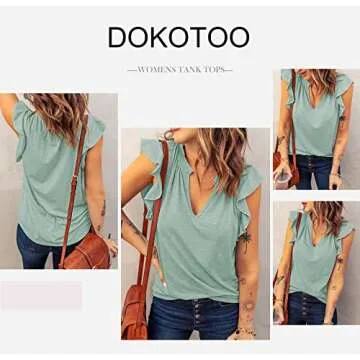 Dokotoo Women's V Neck Ruffle Sleeves Tank Top - Summer Style