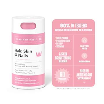 Health by Habit Hair, Skin and Nails Supplement 2 Pack (120 Capsules) - Biotin 2000mcg, Vitamin A, Vitamin B, Vitamin C, Hyaluronic Acid, Rosehip, and Alo Vera, Vegan, Non-GMO, Sugar Free (2 Pack)