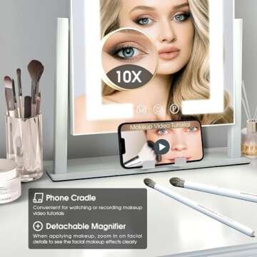 Kottova Lighted Makeup Mirror, Hollywood Vanity Mirror with Lights, Three Color Lighting Modes, and Detachable 10X Magnification Mirror, Smart Touch Control, 360°Rotation (9.8x11.8in. White)