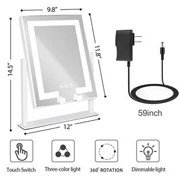 Kottova Lighted Makeup Mirror, Hollywood Vanity Mirror with Lights, Three Color Lighting Modes, and Detachable 10X Magnification Mirror, Smart Touch Control, 360°Rotation (9.8x11.8in. White)