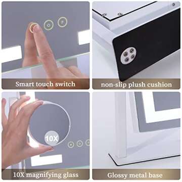 Kottova Lighted Makeup Mirror, Hollywood Vanity Mirror with Lights, Three Color Lighting Modes, and Detachable 10X Magnification Mirror, Smart Touch Control, 360°Rotation (9.8x11.8in. White)