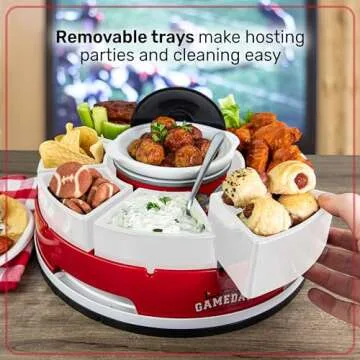 Nostalgia Gameday Heated Slow Cooker and Lazy Susan Serving Set for Parties, Fondue Pot for Dips and Nachos, Red/White