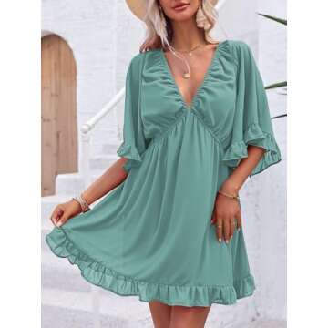 Fisoew Womens Summer Deep V Neck Mini Dress Backless Casual Loose Ruffle Flowy Sundress Green, X-Large