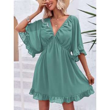 Fisoew Womens Summer Deep V Neck Mini Dress Backless Casual Loose Ruffle Flowy Sundress Green, X-Large