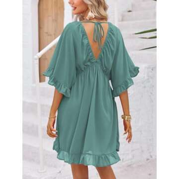 Fisoew Womens Summer Deep V Neck Mini Dress Backless Casual Loose Ruffle Flowy Sundress Green, X-Large