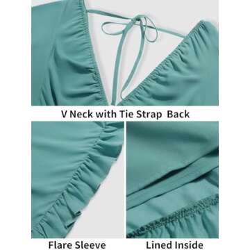 Fisoew Womens Summer Deep V Neck Mini Dress Backless Casual Loose Ruffle Flowy Sundress Green, X-Large