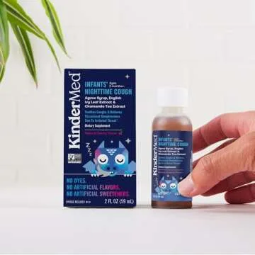 KinderMed Infants' Nighttime Cough, Organic Agave Syrup, English Ivy Leaf Extract, Chamomile Tea Extract, No Dyes, No Artificial Flavors or Sweeteners, Ages 2 Months+, Natural Cherry Flavor (2 Fl Oz)