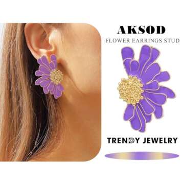 Aksod Trendy Large Flower Earrings Purple Big Floral Earrings Cute Daisy Studs Bohemian Vintage Summ...
