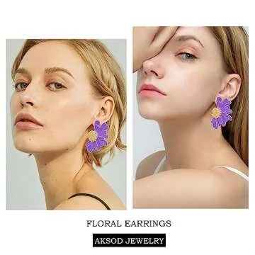 Aksod Trendy Large Flower Earrings Purple Big Floral Earrings Cute Daisy Studs Bohemian Vintage Summer Holiday Party Earrings Jewelry for Women (Purple)