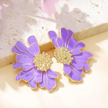 Aksod Trendy Large Flower Earrings Purple Big Floral Earrings Cute Daisy Studs Bohemian Vintage Summer Holiday Party Earrings Jewelry for Women (Purple)