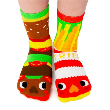 Pals Burgers & Fries Crew Socks for Kids – Fun Mismatched Design with Non-Slip Grip, Soft & Durabl...