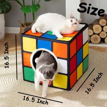 LUCKITTY Cat Condo House with Reversible Cushions and Fluffy Ball Hanging, Foldable Magic Cube, Larg...