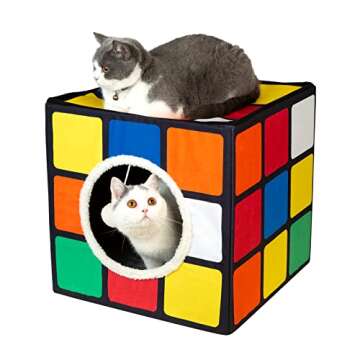 LUCKITTY Cat Condo House with Reversible Cushions and Fluffy Ball Hanging, Foldable Magic Cube, Large Cave Bed for Indoor Cats, Unique Puzzle Shape Lagre 16.5“ x 16.5" x 16.5”