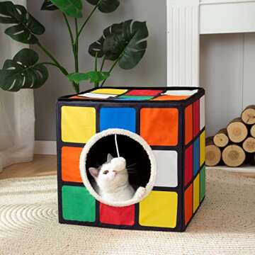 LUCKITTY Cat Condo House with Reversible Cushions and Fluffy Ball Hanging, Foldable Magic Cube, Large Cave Bed for Indoor Cats, Unique Puzzle Shape Lagre 16.5“ x 16.5" x 16.5”