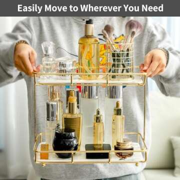 Dobbyby Bathroom Organizer Countertop Perfume Organizer Makeup Organizer Cosmetics Storage Display Rack Vanity Tray Dresser Stainless Steel Gold Shelf White Marble Ceramic Tray (L-Gold)