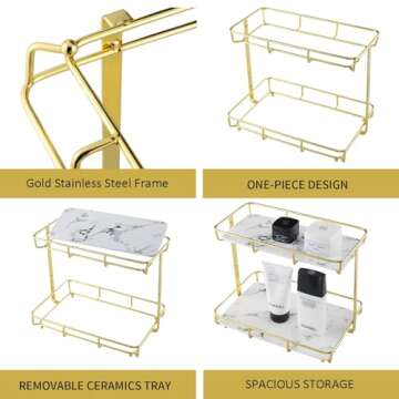 Dobbyby Bathroom Organizer Countertop Perfume Organizer Makeup Organizer Cosmetics Storage Display Rack Vanity Tray Dresser Stainless Steel Gold Shelf White Marble Ceramic Tray (L-Gold)