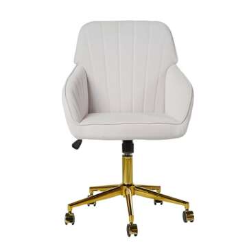 YISHENG Velvet Home Office Chairs with Gold Base Upholstered Tufted Modern Height Adjustable 360 Degree Swivel Desk Chairs with Wheels, Vanity Chairs for Living Room, Bedroom,Study Room (Cream)