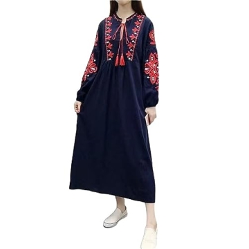 WDZIZFG Women's Bohemian Ethnic Style Vacation Long-Sleeved Embroidered Dress (Color : Navy Blue, Si...