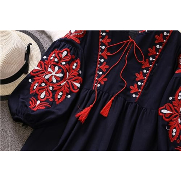 WDZIZFG Women's Bohemian Ethnic Style Vacation Long-Sleeved Embroidered Dress (Color : Navy Blue, Size : Average Size)