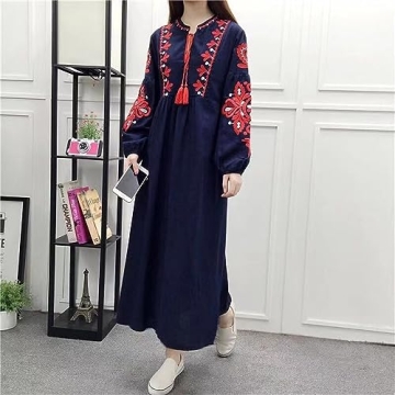 WDZIZFG Women's Bohemian Ethnic Style Vacation Long-Sleeved Embroidered Dress (Color : Navy Blue, Size : Average Size)