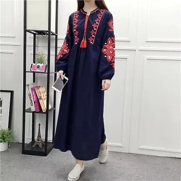 WDZIZFG Women's Bohemian Ethnic Style Vacation Long-Sleeved Embroidered Dress (Color : Navy Blue, Size : Average Size)