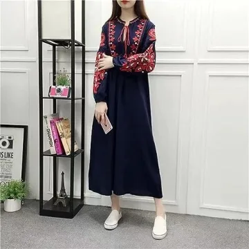 WDZIZFG Women's Bohemian Ethnic Style Vacation Long-Sleeved Embroidered Dress (Color : Navy Blue, Size : Average Size)