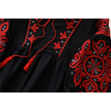 WDZIZFG Women's Bohemian Ethnic Style Vacation Long-Sleeved Embroidered Dress (Color : Navy Blue, Size : Average Size)