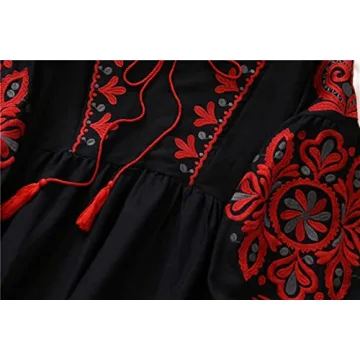 WDZIZFG Women's Bohemian Ethnic Style Vacation Long-Sleeved Embroidered Dress (Color : Navy Blue, Size : Average Size)