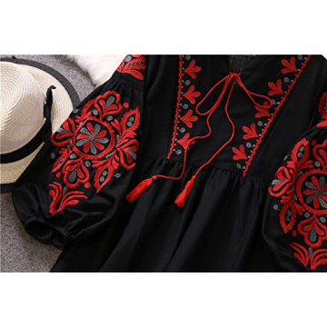 WDZIZFG Women's Bohemian Ethnic Style Vacation Long-Sleeved Embroidered Dress (Color : Navy Blue, Size : Average Size)