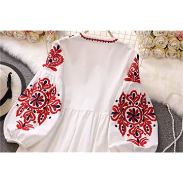 WDZIZFG Women's Bohemian Ethnic Style Vacation Long-Sleeved Embroidered Dress (Color : Navy Blue, Size : Average Size)