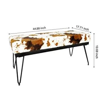 LEEJAY 44" Milk Cow Print Fur Bench Ottoman with Upholstered Metal Tribal Design