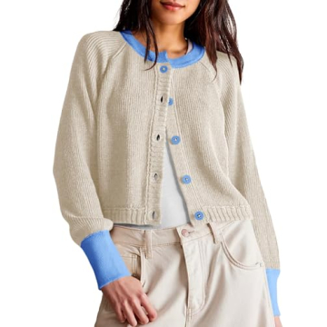 Saodimallsu Womens Cropped Cardigan Sweaters Button Down Open Front Long Sleeve Fall Trendy Color Block Knit Coats Apricot