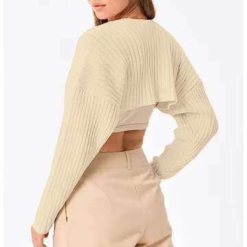 LILLUSORY Womens Crop Cardigans Sweater Bolero Shrug Y2K Cute Tops Fall Fashion Trendy Long Sleeve Outfit 2025 Apricot Medium