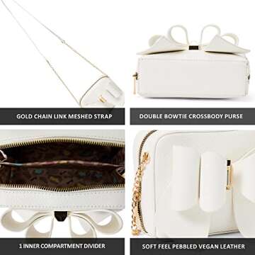Like Dreams Women Box Crossbody Bag Vegan Leather Bowtie Full Zipper Fashionable Shoulder Handbag Purse (White)