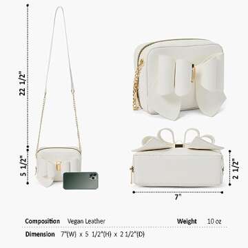 Like Dreams Women Box Crossbody Bag Vegan Leather Bowtie Full Zipper Fashionable Shoulder Handbag Purse (White)