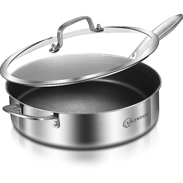 LOLYKITCH 6 QT Hybrid Tri-Ply Stainless Steel Non-Stick Sauté Pan with Lid,12 Inch Deep Frying Pan,...