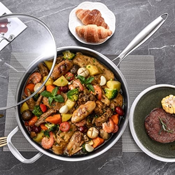 LOLYKITCH 6 QT Hybrid Tri-Ply Stainless Steel Non-Stick Sauté Pan with Lid,12 Inch Deep Frying Pan,Large Skillet,Jumbo Cooker,Induction Pan, Oven Safe and Detachable Handle.