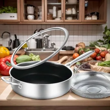 LOLYKITCH 6 QT Hybrid Tri-Ply Stainless Steel Non-Stick Sauté Pan with Lid,12 Inch Deep Frying Pan,Large Skillet,Jumbo Cooker,Induction Pan, Oven Safe and Detachable Handle.