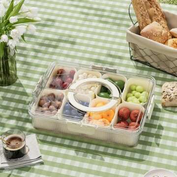 Patent Design Ribbed Snackle Box Container Snack Container Divided Serving Tray with Lid and Handle,...