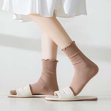 Mcool Mary Crew Socks Ruffle Turn-Cuff Dress Socks Casual Cotton Knit Warm Comfy Lettuce High Ankle Socks For Women 6 Pack