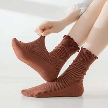 Mcool Mary Crew Socks Ruffle Turn-Cuff Dress Socks Casual Cotton Knit Warm Comfy Lettuce High Ankle Socks For Women 6 Pack