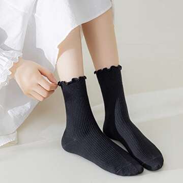 Mcool Mary Crew Socks Ruffle Turn-Cuff Dress Socks Casual Cotton Knit Warm Comfy Lettuce High Ankle Socks For Women 6 Pack
