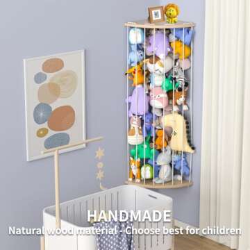 Zayysoha Stuffed Animal Storage Wood Corner Toy Plush Storage Hammock Hanging Storage Net, Toy Organ...